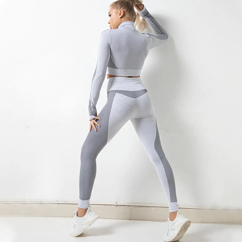

Women's New Seamless Yoga Set Gym Fitness Suit Sports Zip Up Long Sleeve Sweetshirt Womens Top High Waist Workout Leggings Set