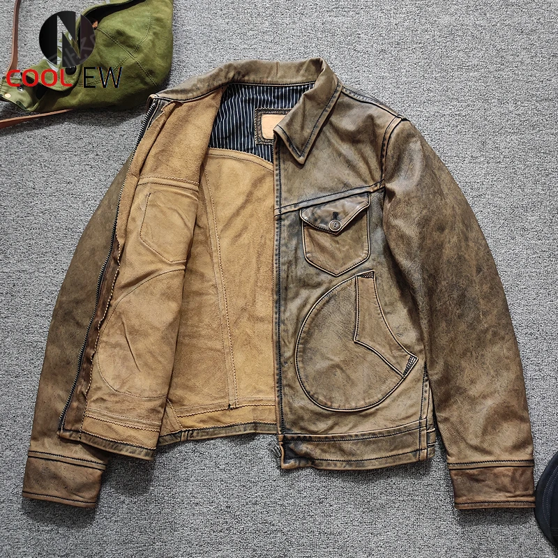 

Мужская Короткая кожаная куртка, коричневая винтажная приталенная куртка из натуральной кожи в стиле ретро, размеры до 4XL, осень 2021