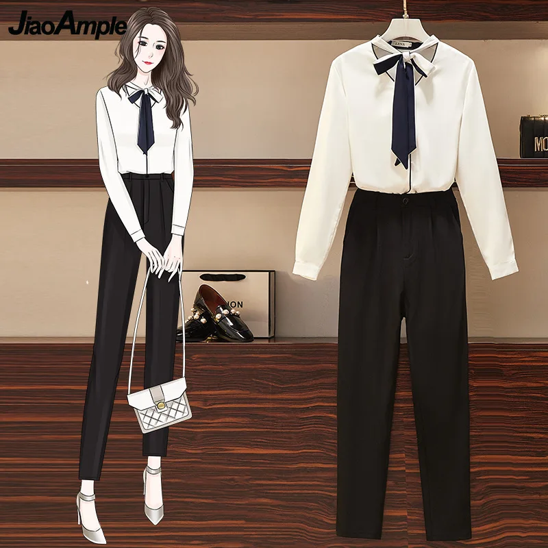 

Women's Spring Autumn 2 Pcs Set 2021 New Office Lady Graceful Bow-Knot Shirt+ Suit Black Pants Sets Fashion Chiffon White Blouse