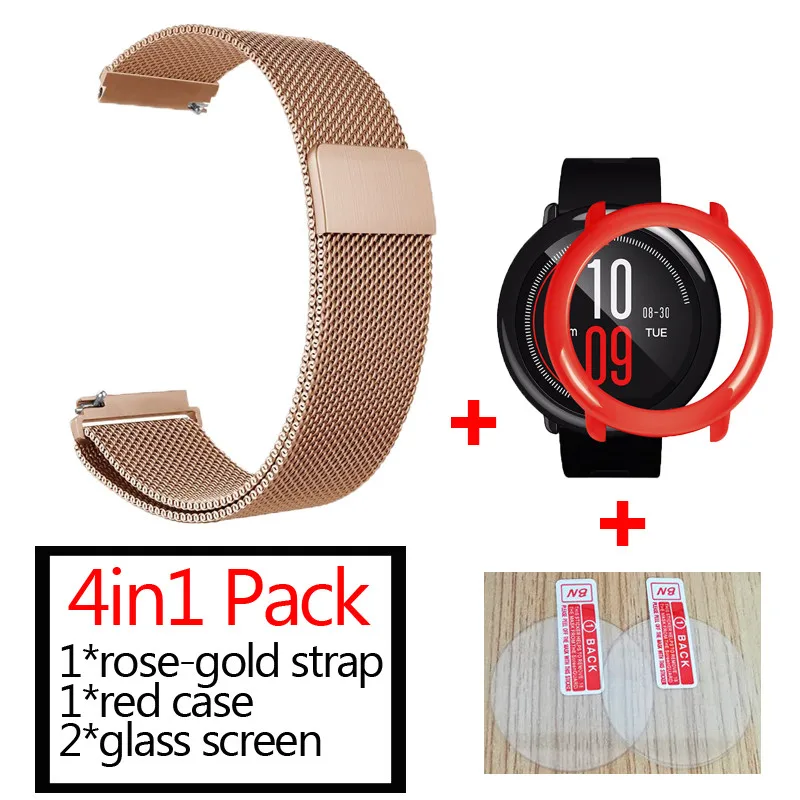 3в1 Для xiaomi Huami Amazfit pace ремешок для часов металлический Миланский ремешок+ защитный чехол для наручного ремня+ Защитное стекло для экрана - Цвет: rose gold-red