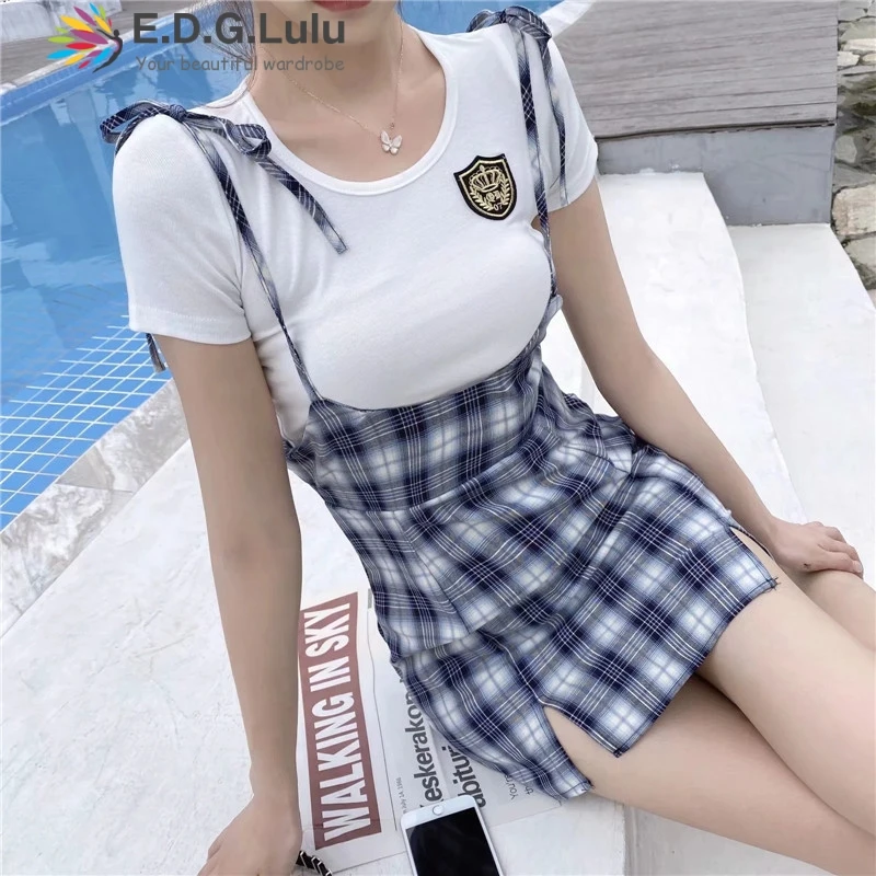 

EDGLuLu O-neck Short Sleeve White T-shirt And Lace-up Spaghetti Strap Casual Cute Split Lattic Dress Two Piece Dress Set 0617