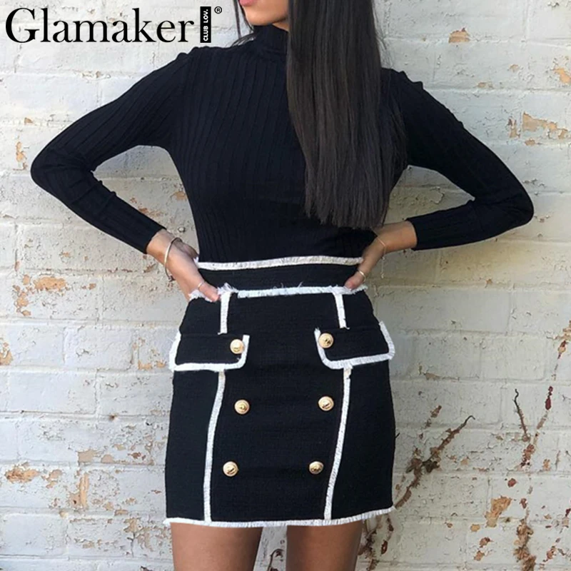 Glamaker, черная юбка трапециевидной формы с высокой талией, Женская двубортная элегантная юбка, осенняя модная Женская Клубная мини-юбка, Зимняя юбка