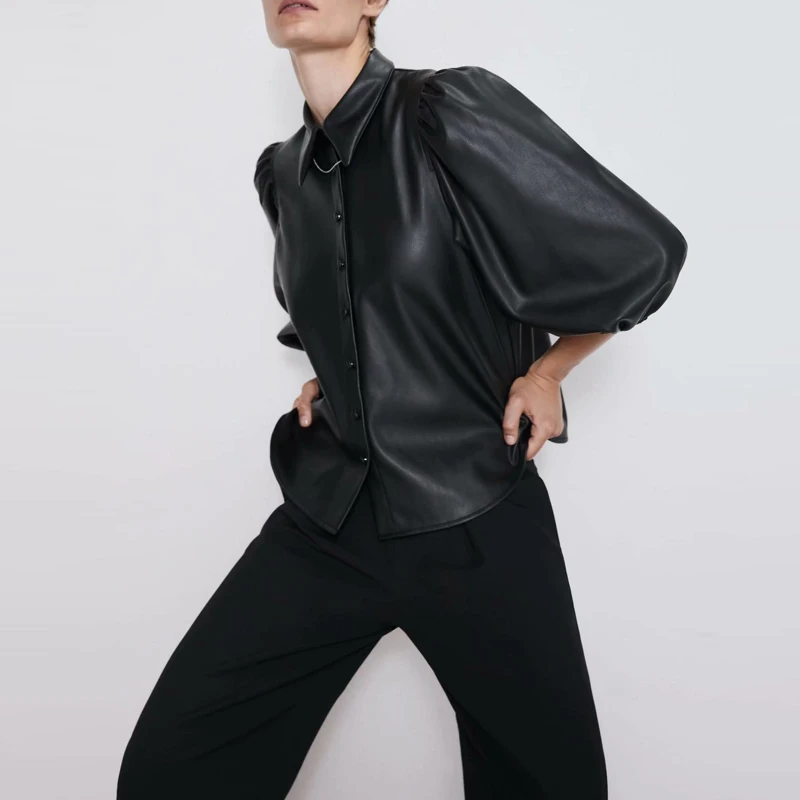 Осенняя черная короткая куртка из искусственной кожи Женская однобортная с