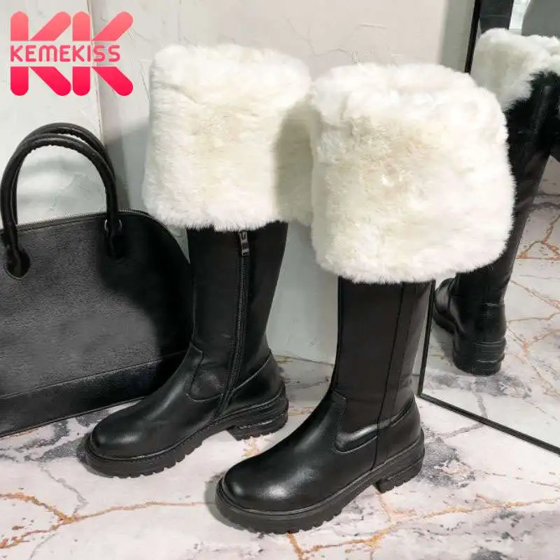 

KemeKiss Real Leather Women Over Knee Boots Warm Fur Winter Shoes Woman Plush Fashion Platform Zip Long Boot Footwear Size 34-40