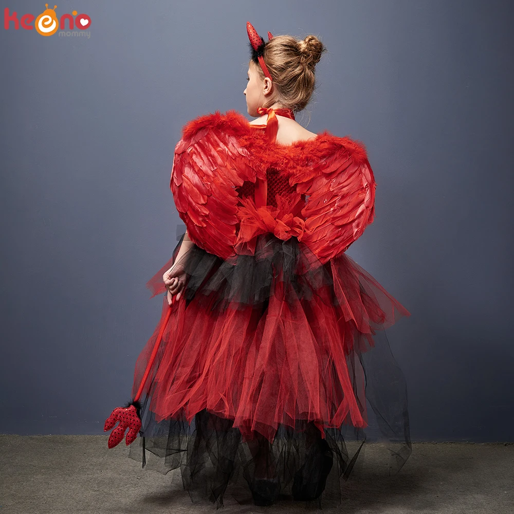 Red Black Devil Bustle Tutu Dress with Horns Wing Girls Halloween Costume Demon Spooky Carnival Purim Fancy Dress Up Clothing