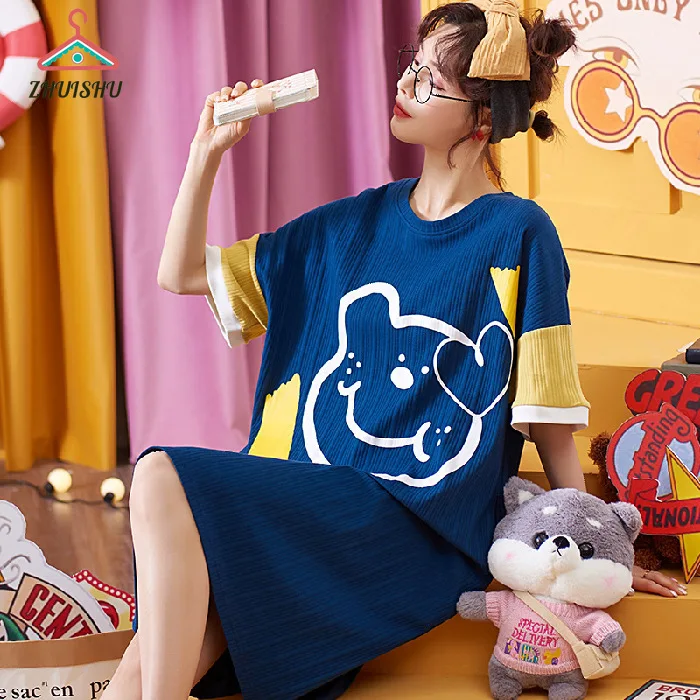 

ZHUISHU 2pcs Fashion Short Sleeve Pajamas Nightgown for Women Nightdress Cotton Print Cartoon Loose Girls Home Clothes R72
