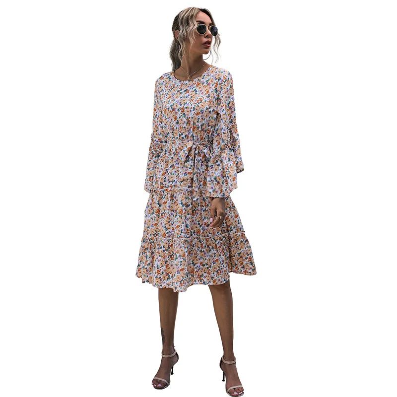 

Women's Casual Printed Chiffon Strap Floral Sweet Dress 2021OL Commuter Office Long-sleeved Midi Dress Sexy Slim Belted Dresses