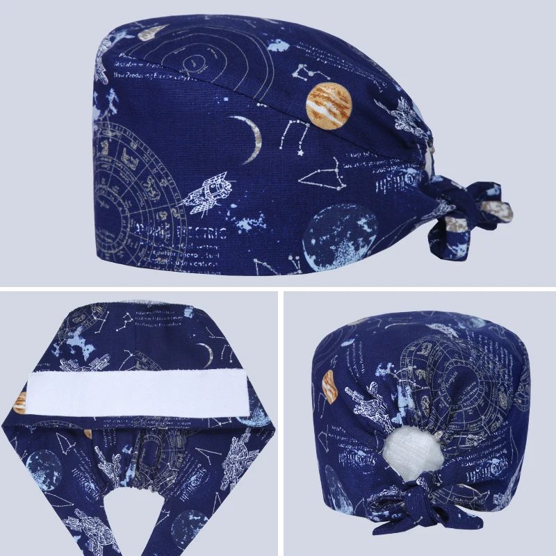 

Space Solar Men's Scrub Caps Pattern Nursing Work Hats Navy 100% Thick Cotton Clinic Beautician Cooking Chef Skull Cap
