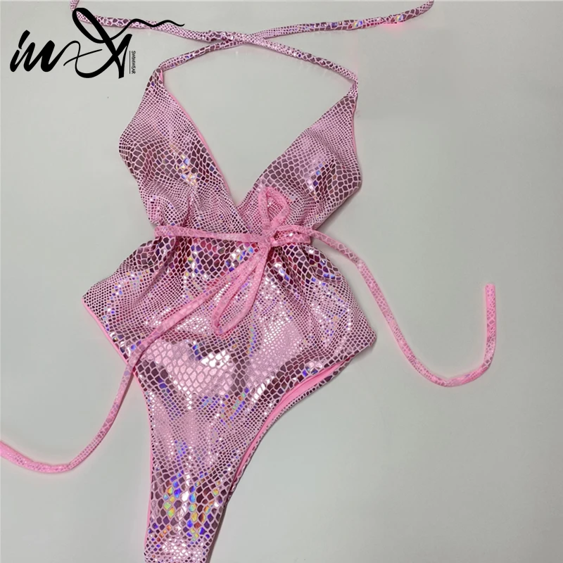 In-X Блестящий телефон цельный сексуальный Монокини на шнурках Розовый купальник
