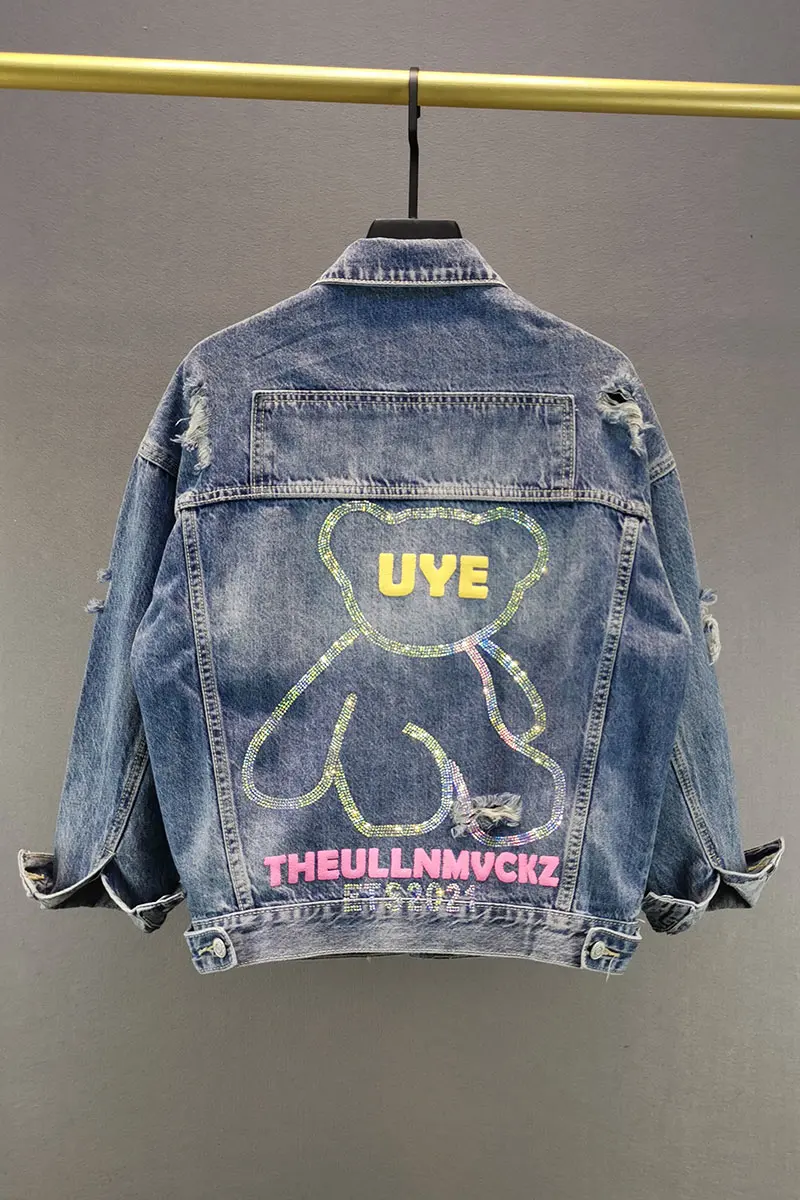 

2021 New Spring Women's Colorful Letters Rhinestone Ripped Jean Jacket Cartoon Denim Loose Coat Students Top