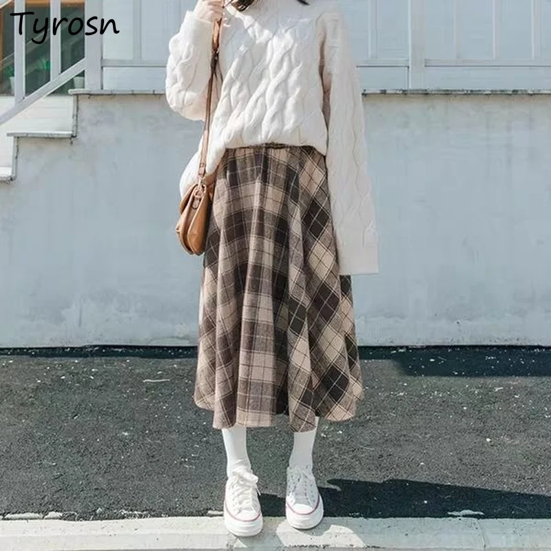 Plaid Skirts Women Design Khaki Keep Warm Soft Fashion Retro High Waist A-line Chic Long Skirt Students Korean Style Temperament