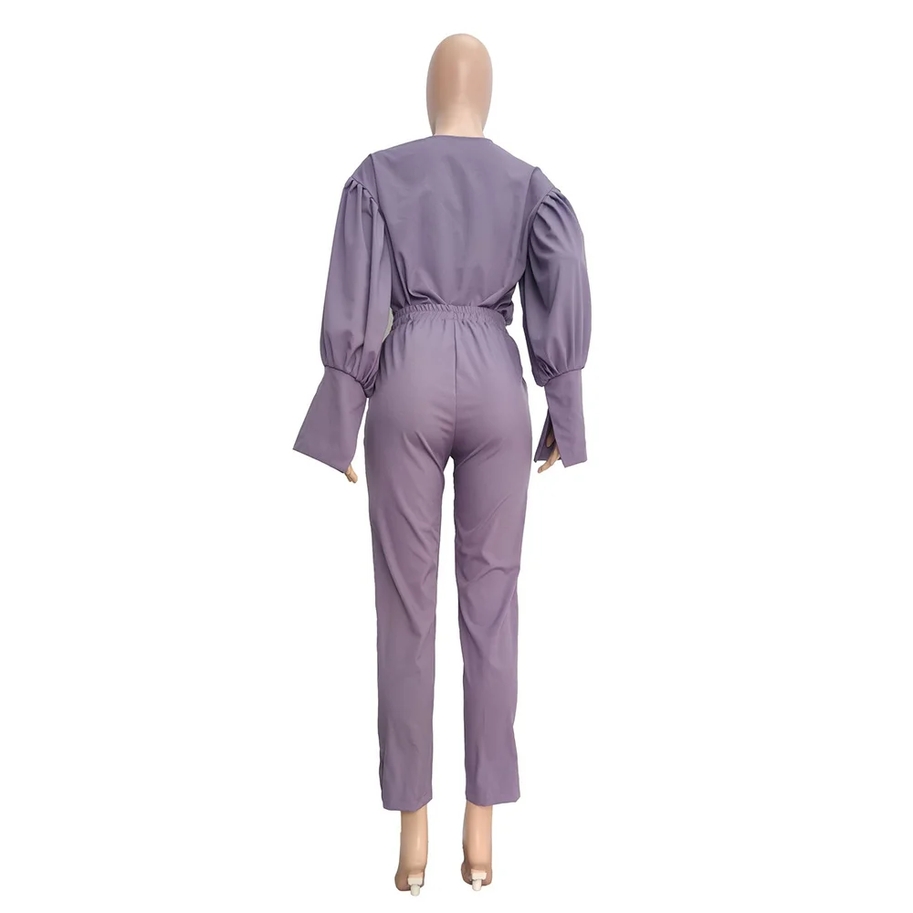 

Women Two Piece Suits Purple Buttons Up Stacked Long Lantern Sleeve Slim Crop Top High Waist Split Hem Pencil Pant Outfits