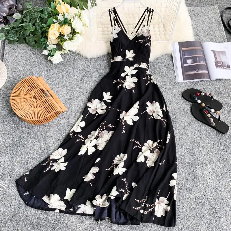 

Beach Spaghetti Long Dress Brand Pink Black Retro Floral Print Dresses Women Sexy Backless A Line Slim Party Dress Boho Vestido