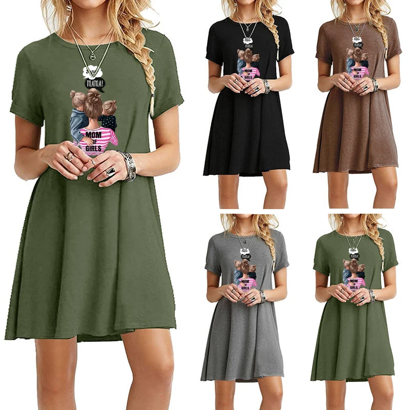 

Tshirt Dress Parent-Child Printing Mini Dresses for Women Summer Dress 2021 Short Sleeve Ladies Fashion Loose Casual 2021 Robes