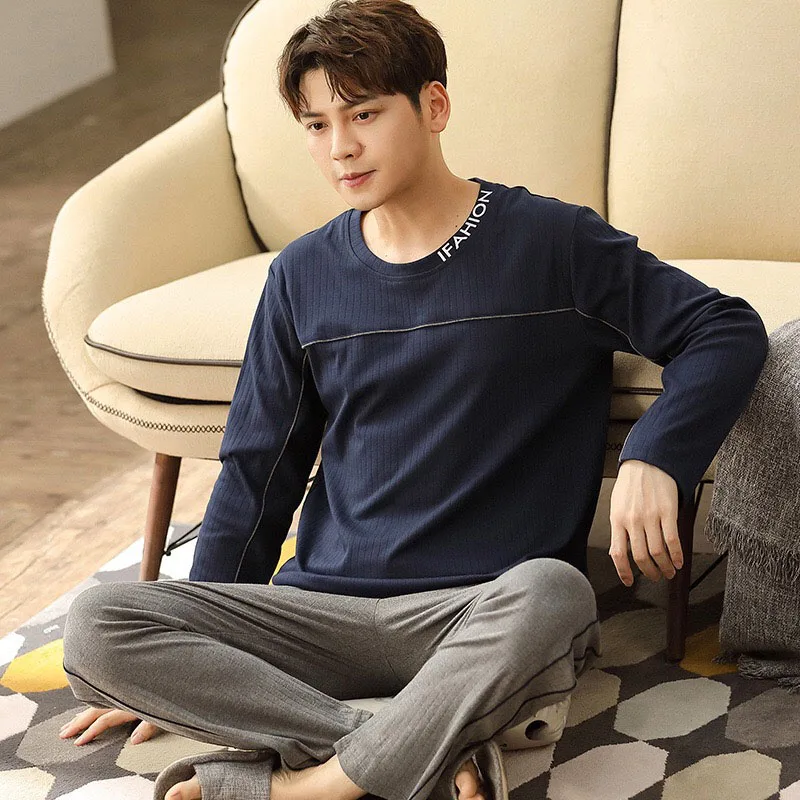 

2020 Autumn New Men's Solid Color Pajama Set Long-sleeve Thin Section Cotton Round Collar Home-wear Large Size Soft Leisure Wear