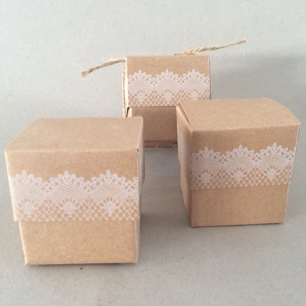 100 шт./лот классический крафт бокс с кружевным цветком и кулиской для свадебных