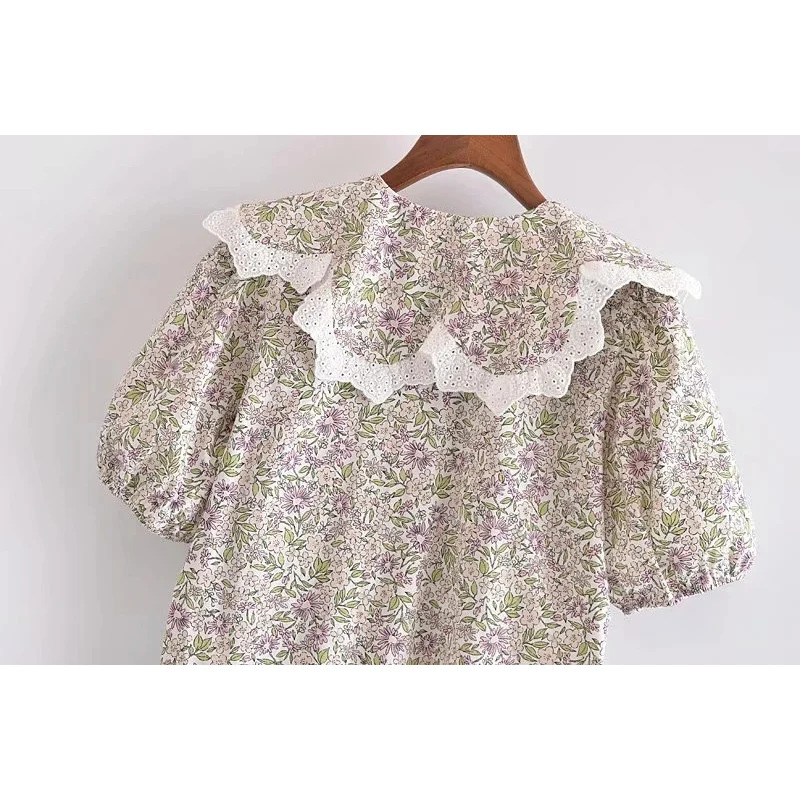 

KRSB Summer Woman Blouses Collar Doll Collar Single Breasted Sweet Floral Ruffles Tops Short Sleeve Shirts Retro Casual Style