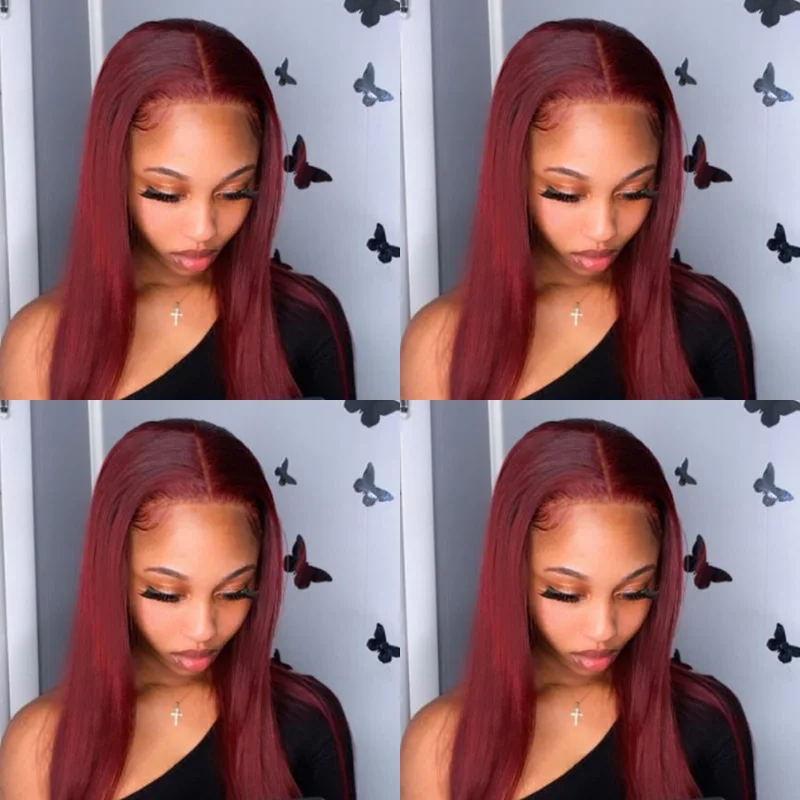 Pinshair Straight Lace Front Human Hair Wig For Women Long Color 99J Burgundy Brazilian Bone Wigs | Шиньоны и парики