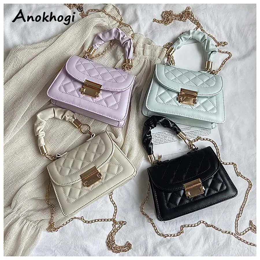 

Pure Color Women Classic PU Chain Handle Handbag Ladies Fashion Checked Shoulder Bag Chain Sling Bag