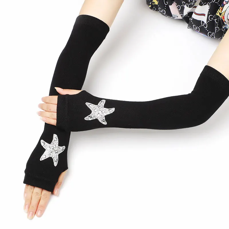 

Women Black half finger Long Elbow Knitted Warm Driving Mittens Female Cute Elasticity Dance Rhinestone Punk Gloves