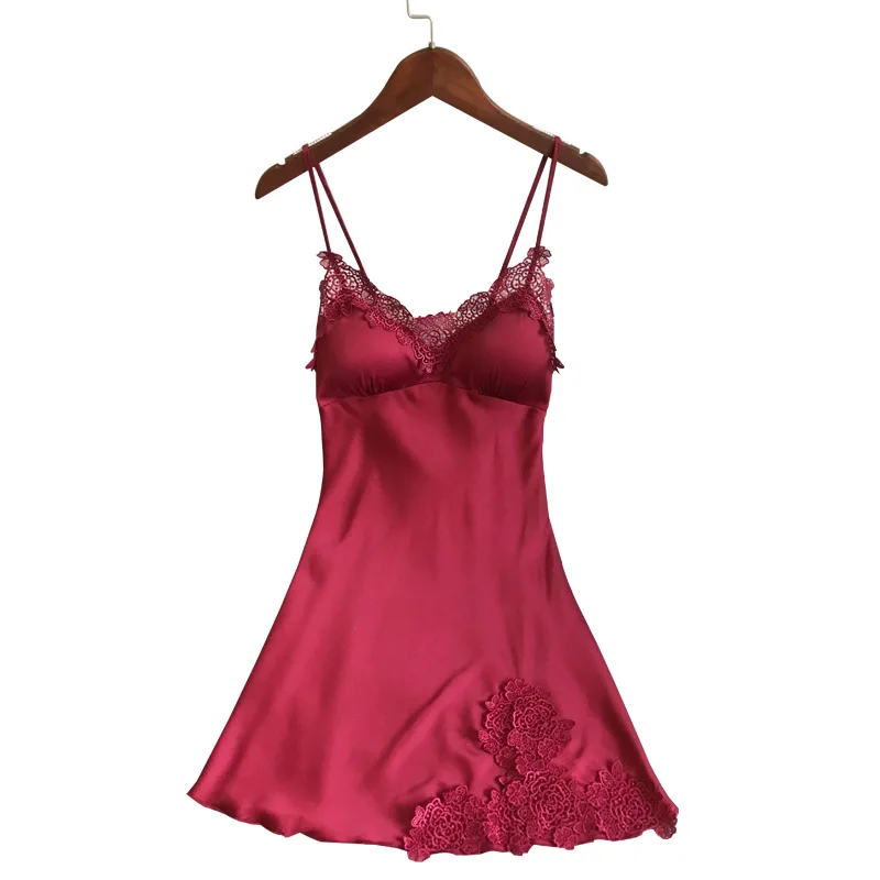 

2019 Summer Sleep Lounge Women Nightgowns With Chest Pads Satin Sleepshirts Silk Lace Nightshirts Sexy Sleeveless Nightdress