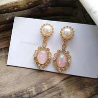 fashion ladies jewelry earrings new design metal with simulated pearl clear crystal pink resin dangle drop earrings for girl
