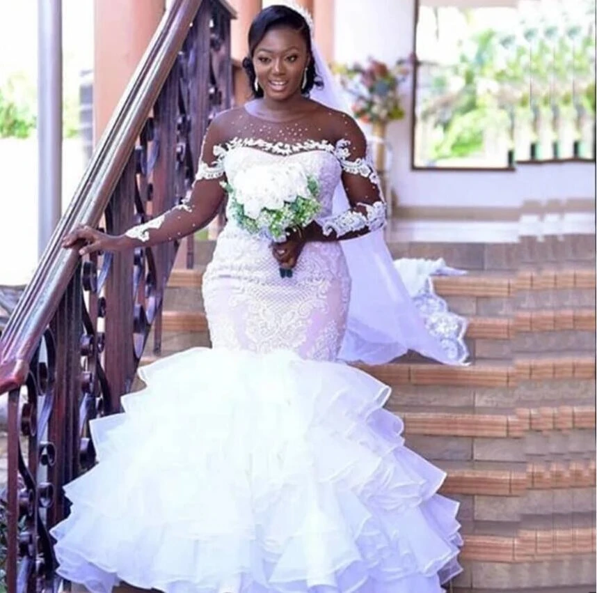 

African Mermaid Wedding Dresses Bridal Gowns Illusion Long Sleeves Jewel Neck Beaded Vestido De Noiva Lace Appliqued Plus Size