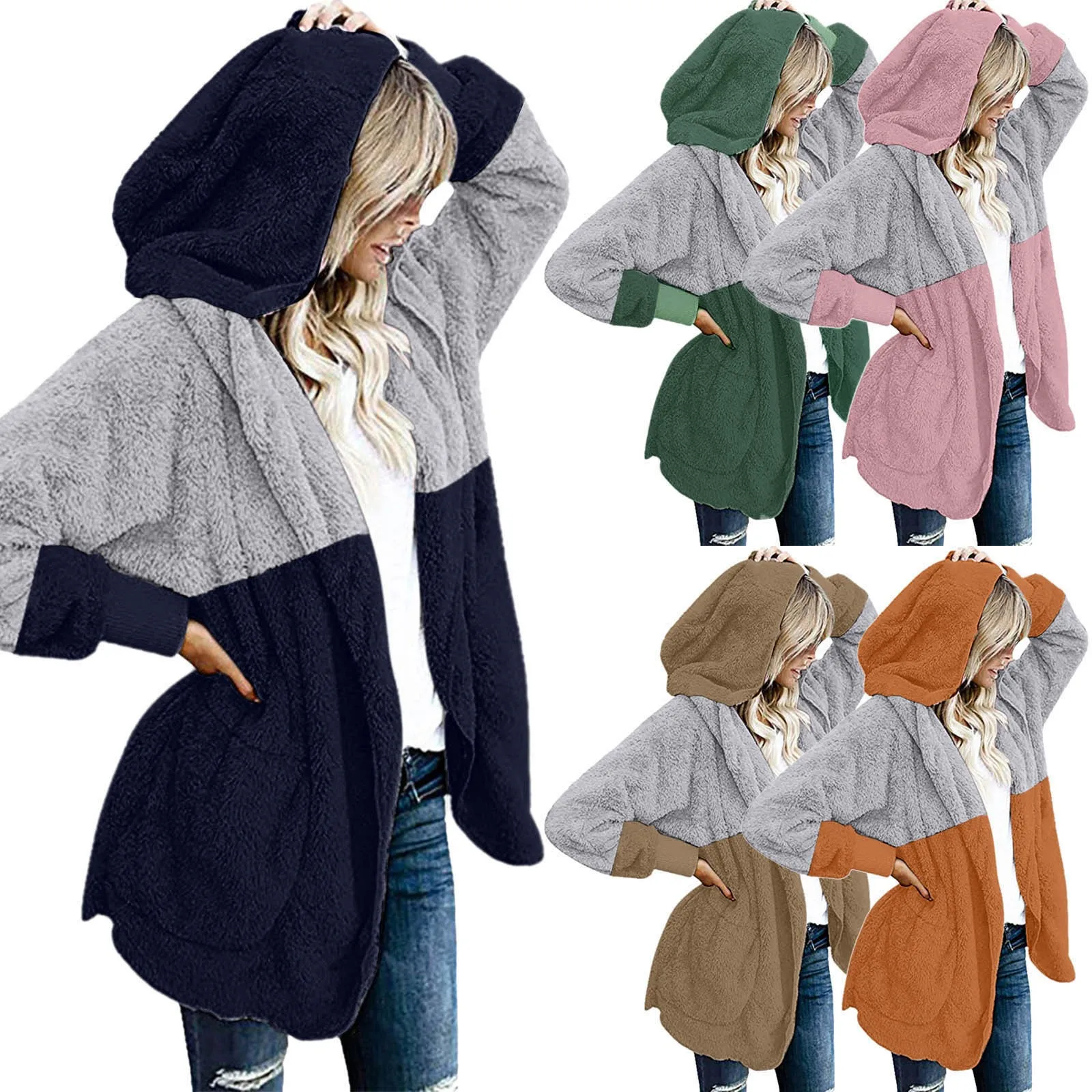 

Women's Sweatshirts Hoodies Casual Fuzzy Fleece Open Front Hooded Splicing Draped With Pockets Coat Hoodie Jacket Woman Clothes