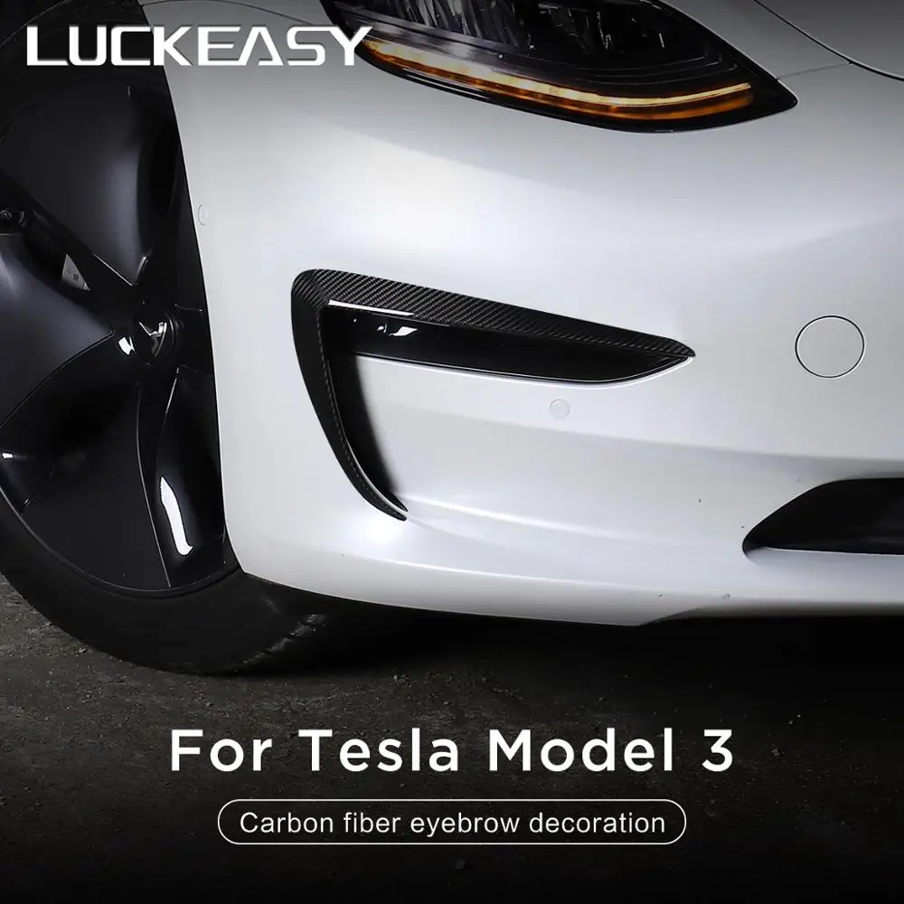 

LUCKEASY for Tesla Model 3 car front decoration patch model3 2017-2022 wet carbon fiber front bumper protection patch 2pcs/set