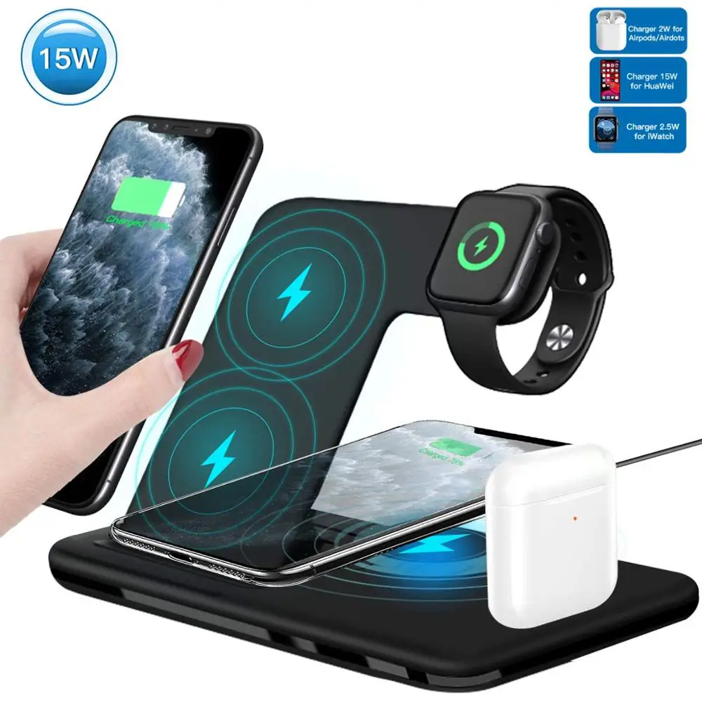 

15W Fast Charging Dock Station For iPhone 12 11 XS XR X 8 4 in 1 Qi Wireless Charger Stand for Airpods Pro Apple Watch 6/5/4/3/2