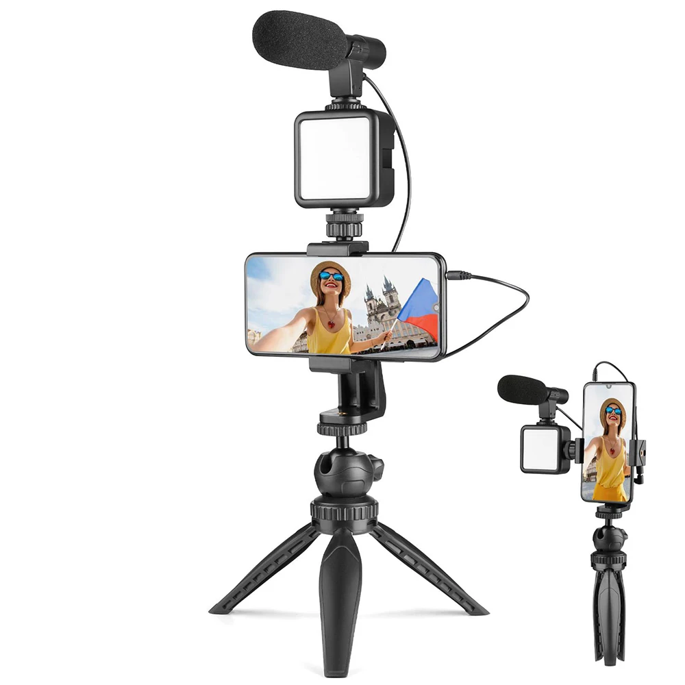 

Smartphone Video Vlogging Vlog LED Fill Light Selfie Stick with Microphone Kit Phone Holder Tripod Portable Handheld stabilizer