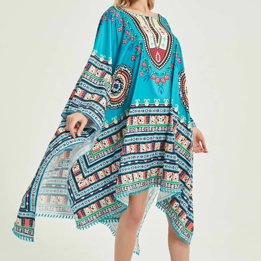 

Donsignet Fashion Women's Dress New Casual Round Neck Pullover Bohemian Print Tassel Loose Large Size Bat Sleeve Dress