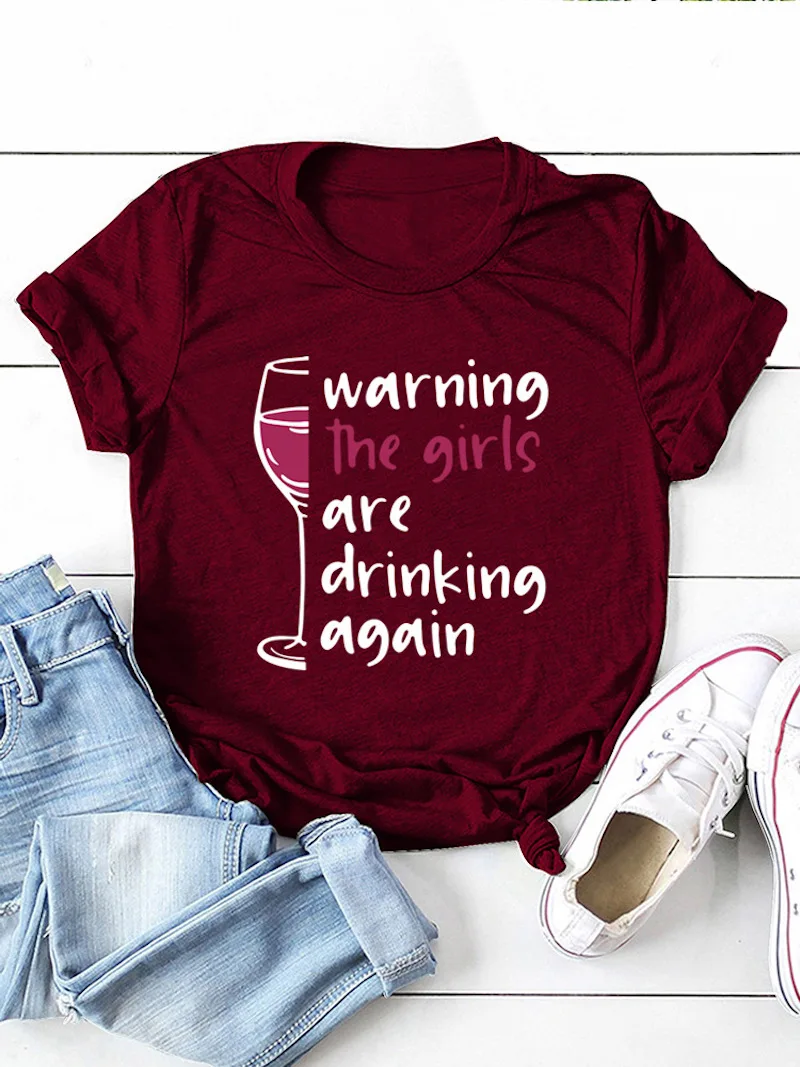 

2021 Tops For Women T Shirt Print Letter Wine Cup Causal O Neck Short Sleeve Streetwear Clothing Pullover Bottom