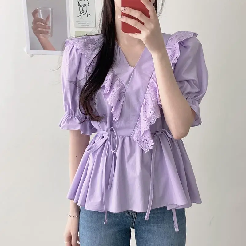 

New Women's Korean Harajuku Stitching Collar Loose And Thin Side Waist Solid Color Lace Up Chiffon Top