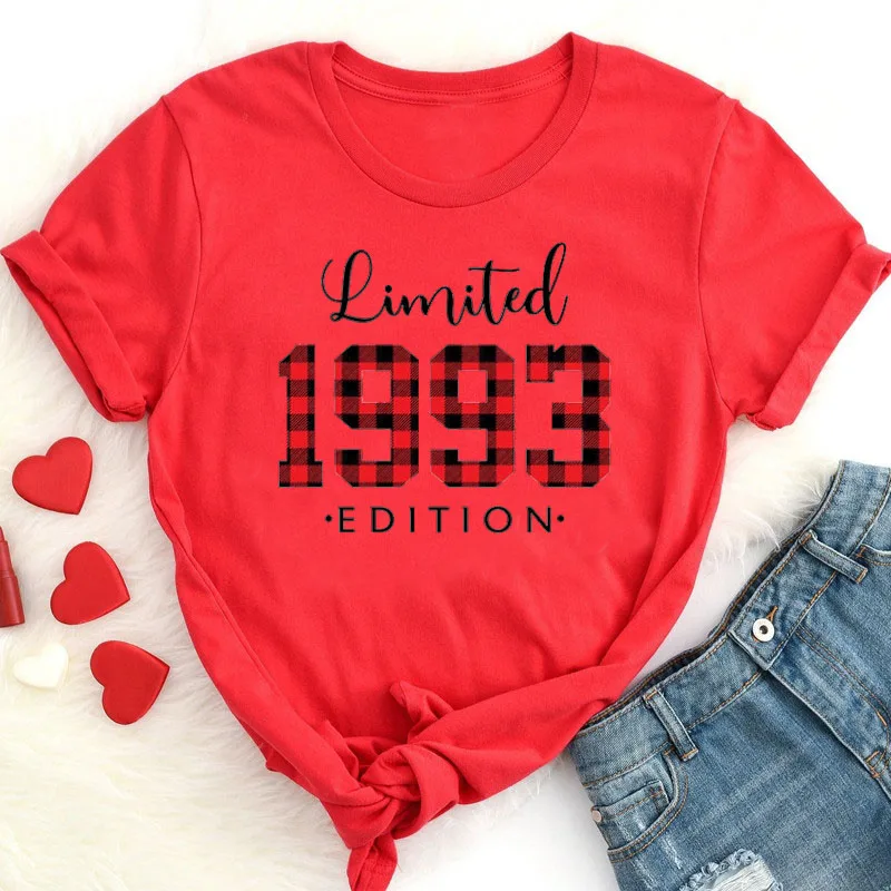 Camiseta a cuadros de edición limitada para mujer, regalo de cumpleaños 28, camisetas Vintage 1993, camisa de leopardo 1993, Camiseta de algodón de 100% para mujer, 1993