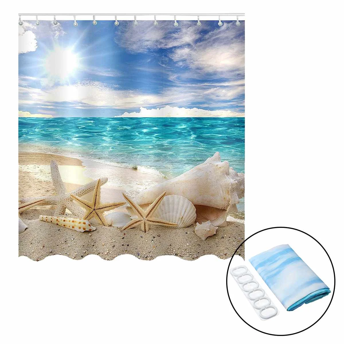 Home Decor Sunshine Seashell bathroom Shower for home Product Decoration Waterproof Sandy beach bath curtain | Дом и сад
