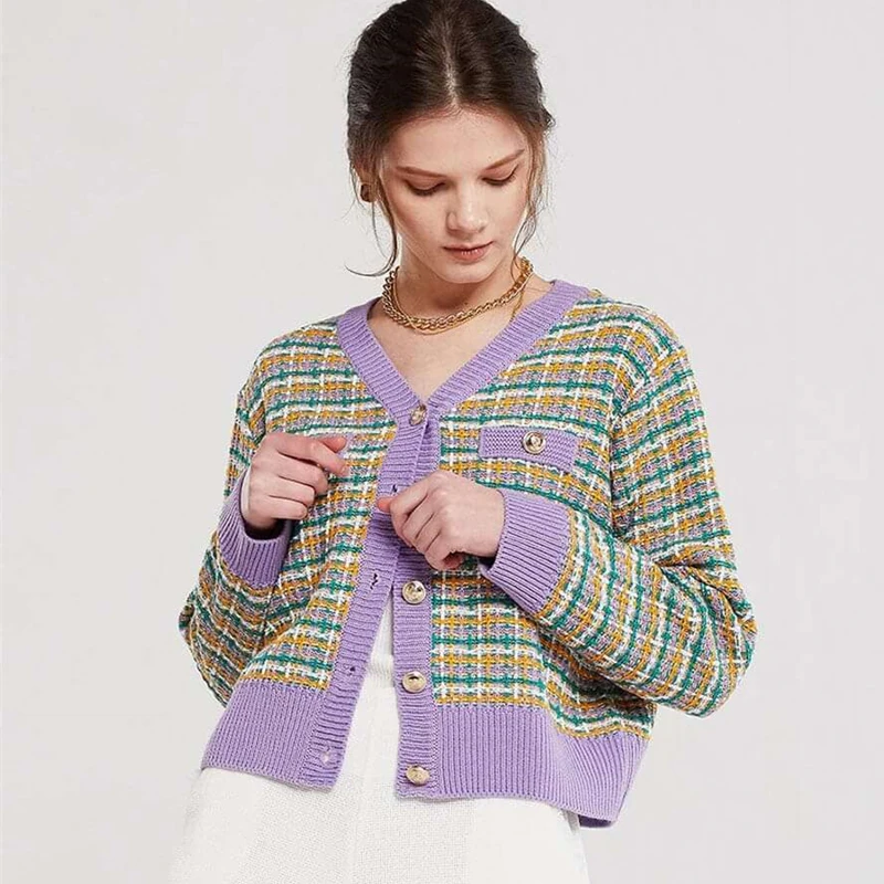 

Women Spring Autumn Casual Knitted Cardigan Outwear Long Sleeve Plaid Patchwork Color Contrast Short Sweater Tops