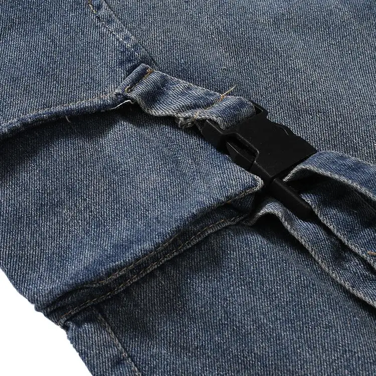 

Denim Jeans Men Leisure More Pockets Ribbon Denim Trousers Men Loose Cargo Pants Military Style Large size
