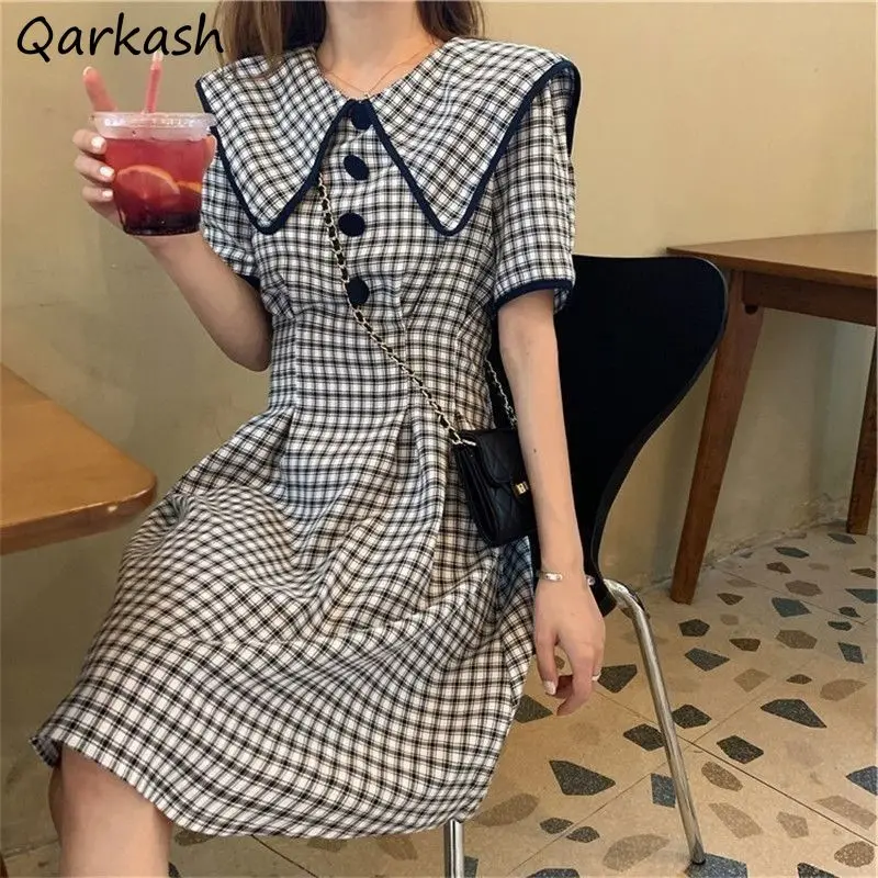 

Plaid Short Sleeve Dress Women Peter Pan Collar Summer Button Kawaii Design A-line Defined Waist Gentle Vestidos Mujer Ulzzang