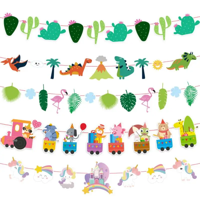 

4pcs/lot New Children's Birthday Party Decorations Paper Bunting Family School Party Decoration Pull Flag Cartoon Banners