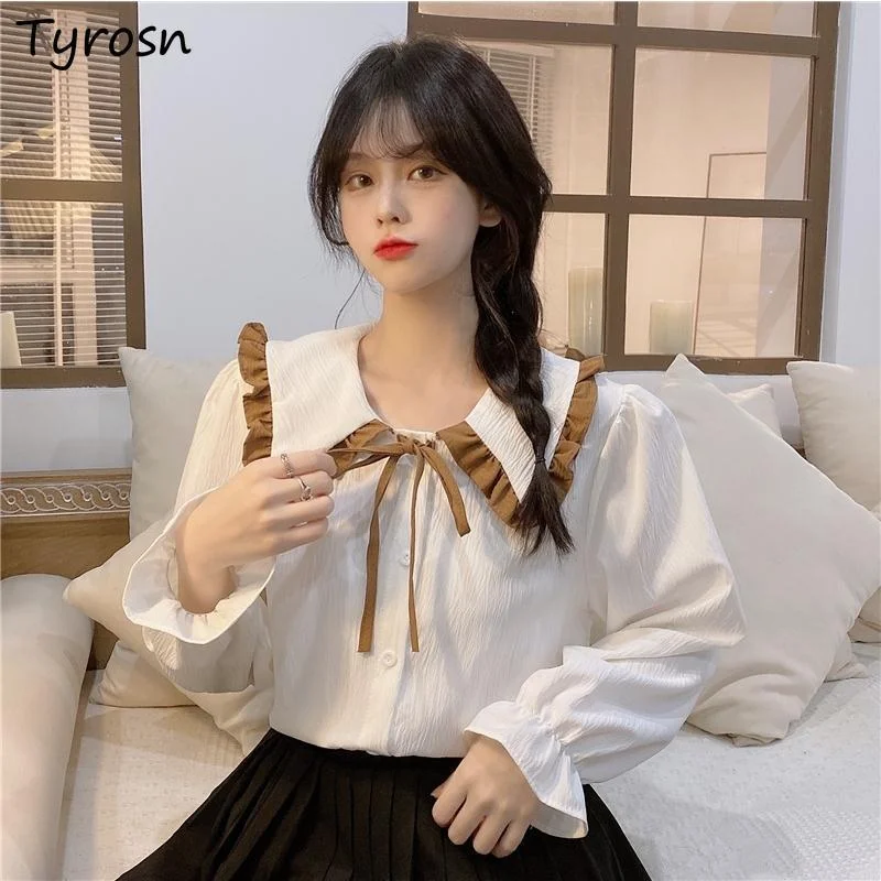 

Button Up Shirts Women Sweet All-match Chic Design Patchwork Ruffles Bow Peter Pan Collar Long Sleeve Blouses Girls French Style