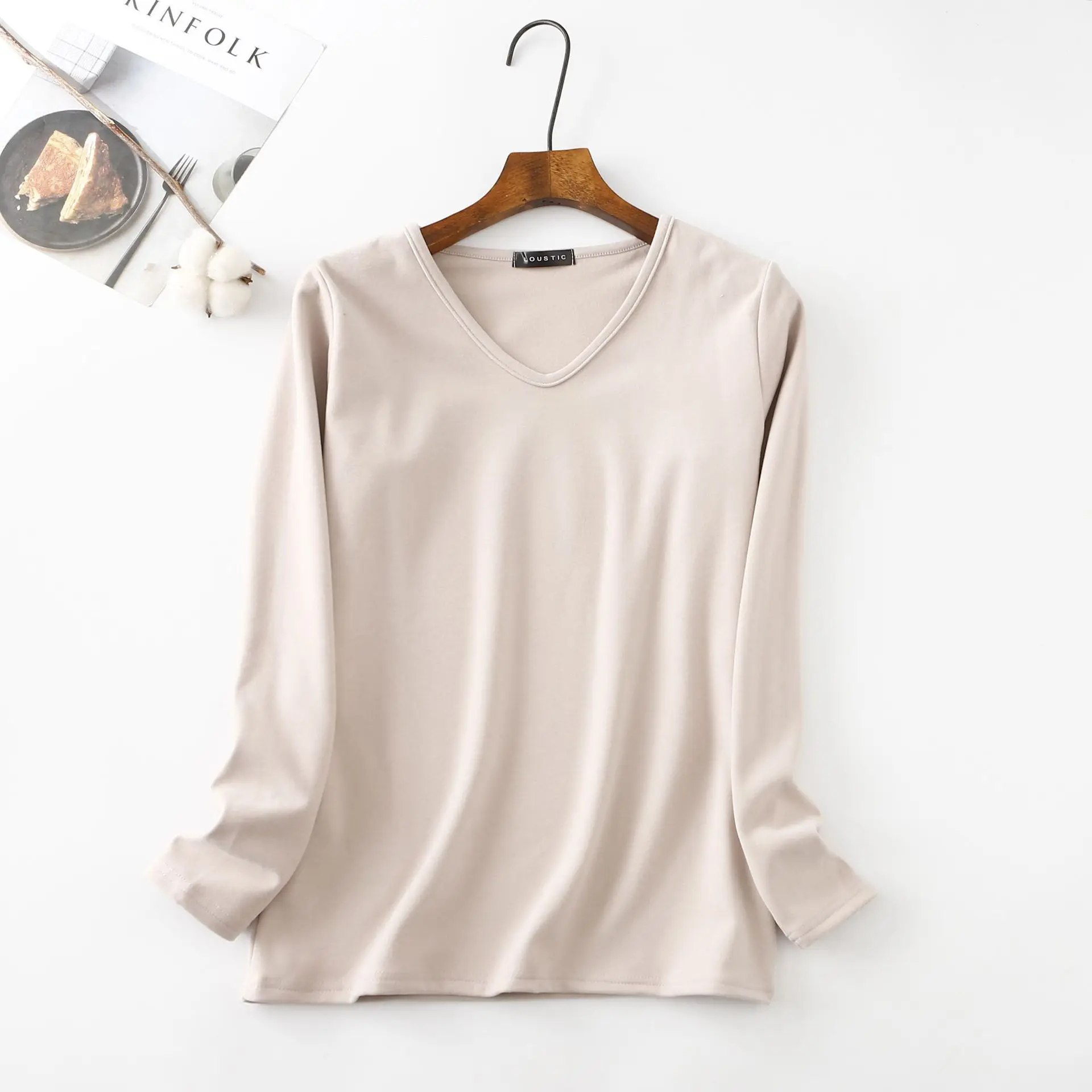 Женская теплая зимняя кашемировая футболка с V образным вырезом и длинным