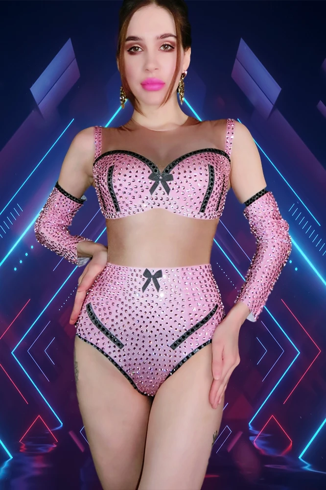 

New Pink Rhinestones Bikini Bodysuit Sexy Stage Wear Women Birthday Celebrate Outfit Bar Nightclub Singer Dancer Concert Costume
