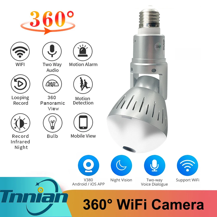 

360 Wi-Fi панорамная камера с лампочкой 3 Мп Панорамное ночное видение двустороннее аудио для домашней безопасности лампа для видеонаблюдения ...