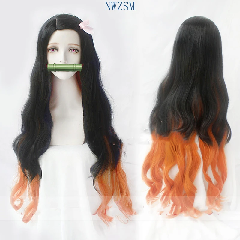 

42'' 105cm Long Demon Slayer Nezuko Kamado Cosplay Wigs Kimetsu no Yaiba Heat Resistant Hair Cosplay Costume Wigs + Free Wig Cap