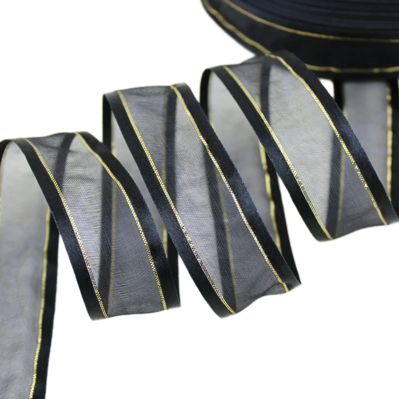 (5 м/лот) 25 мм кремово-белые ленты из органзы с золотыми краями декоративные для