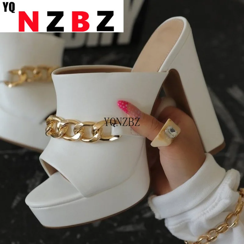 

2022 Summer Fashion Women's Shoes Heels Metal Chains Chunky Heels Peep Toe Platform Ladies Blue Women Slippers Plus Size 43