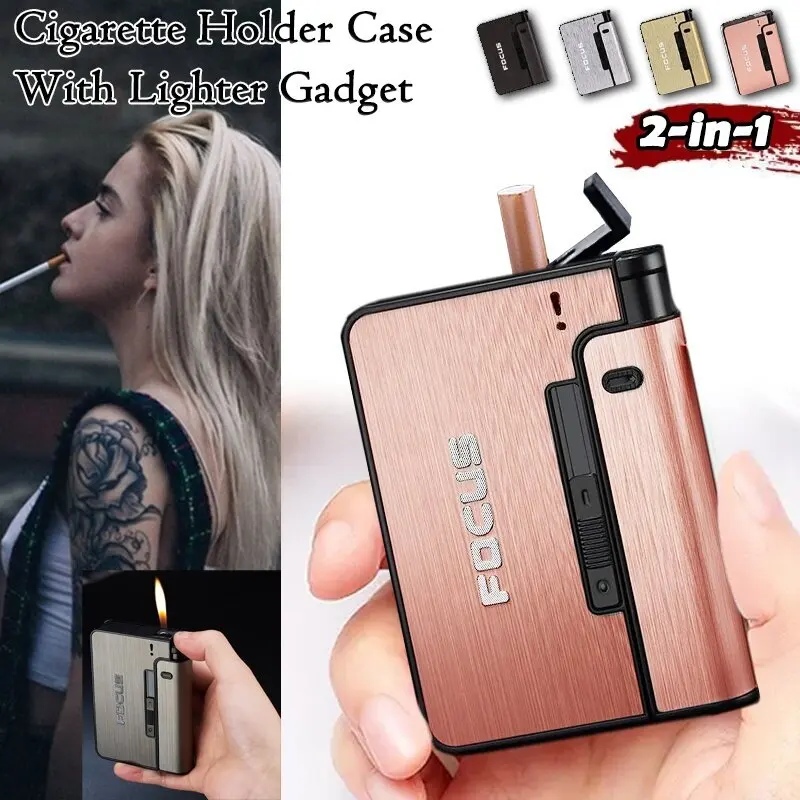 

Holiday, birthday gift 2021 New FOCUS Automatic Eject Smoke Cigarett Box Hold 10 Pcs Cigarett Holder Case with Lighters Gadget