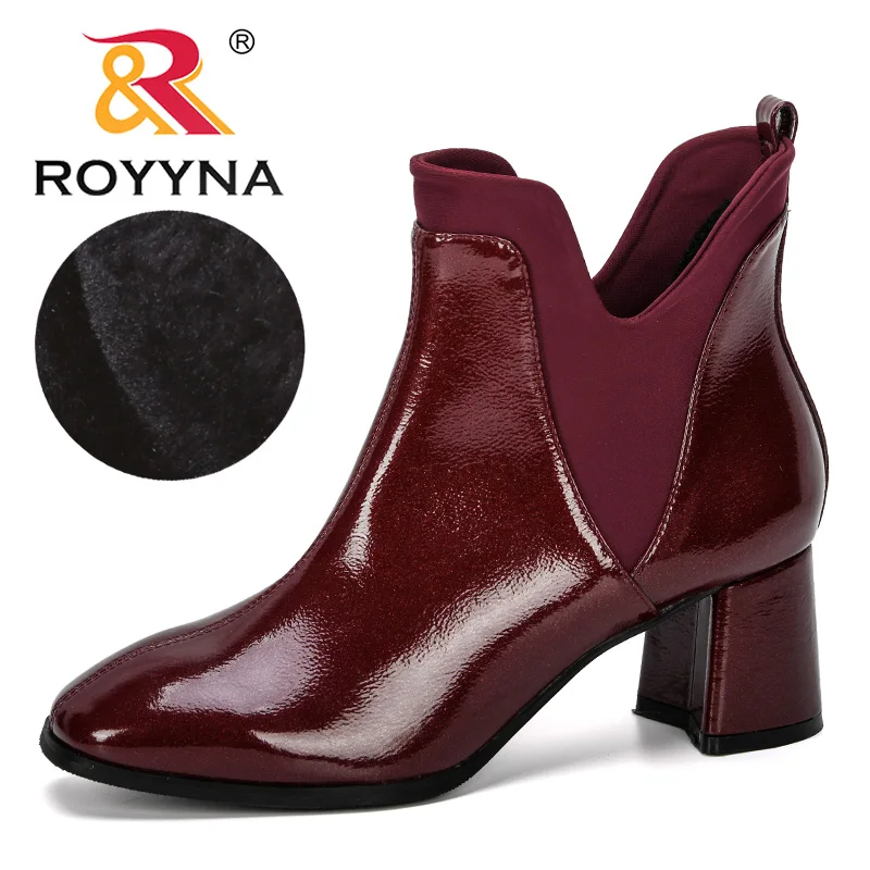 

ROYYNA 2019 New Designer Shiny Microfiber Winter Shoes Woman Spuare Toe High Heels Ankle Boots Female Botas Zapatos Mujer Trendy