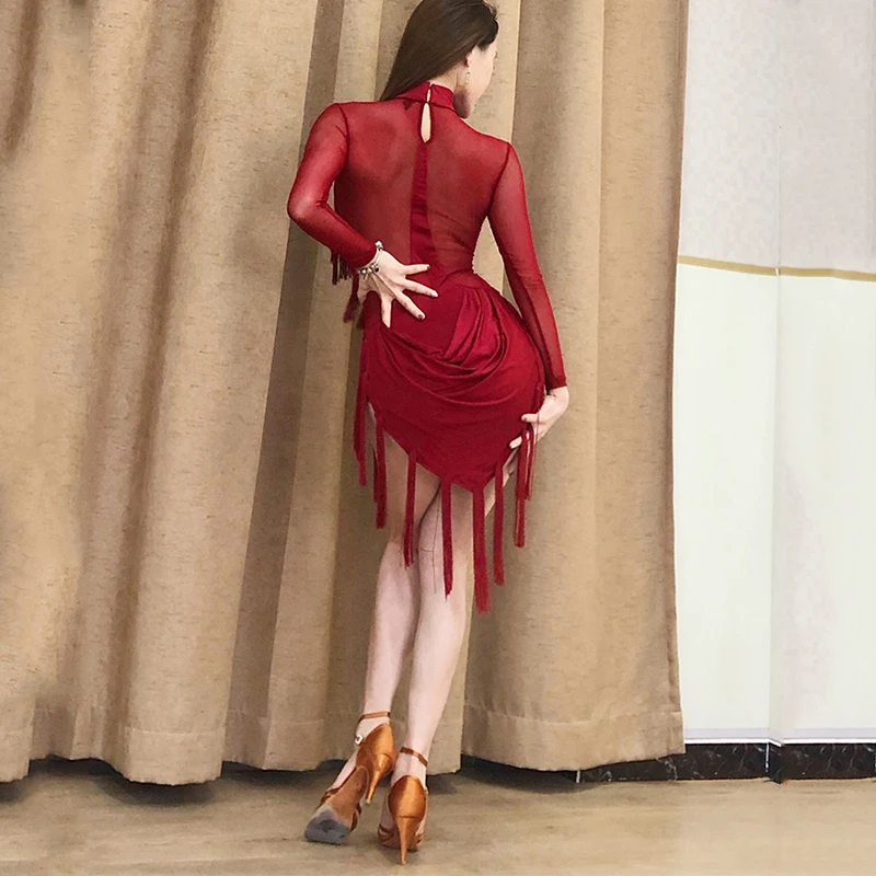 Women'S Latin Dance Dress Sexy Mesh Tassel Long Sleeve Ballroom Dresses Dancing Costumes Danse Salsa Performance Outfits DWY3293 |